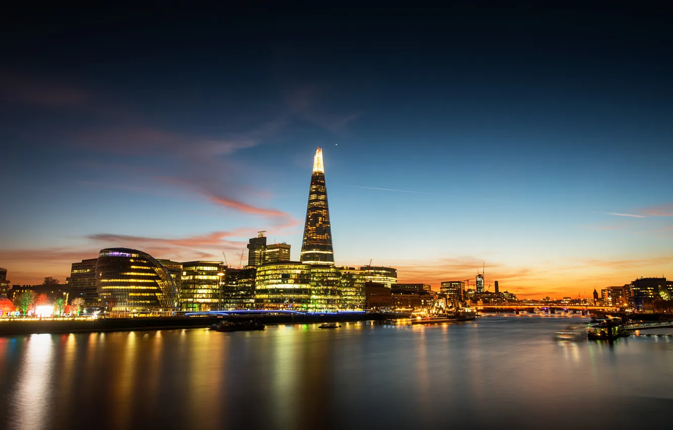 Photo wallpaper sunset, bridge, lights, reflection, London, mirror, UK, the river Thames