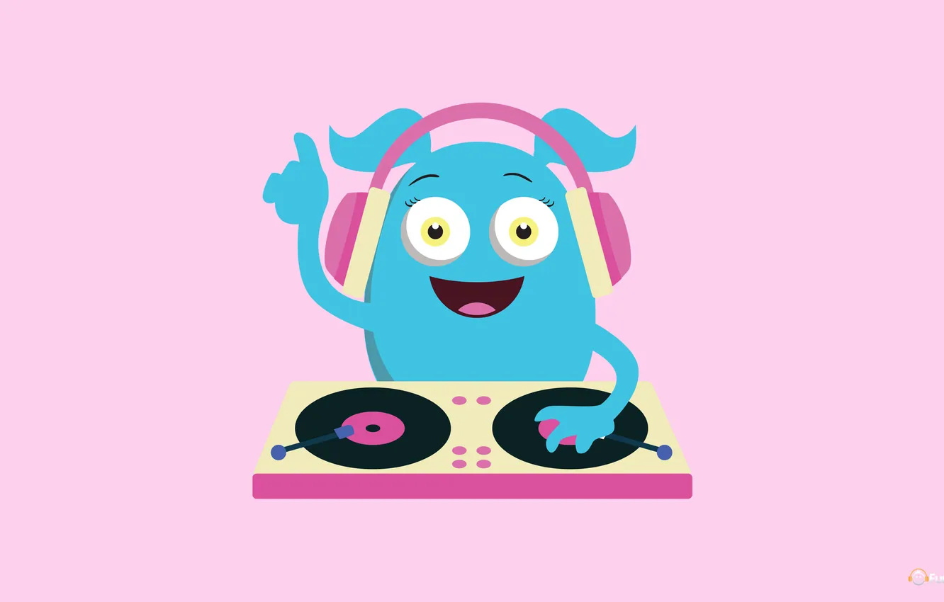 Photo wallpaper smile, music, headphones, pink background, cutie, monster, DJ, cute