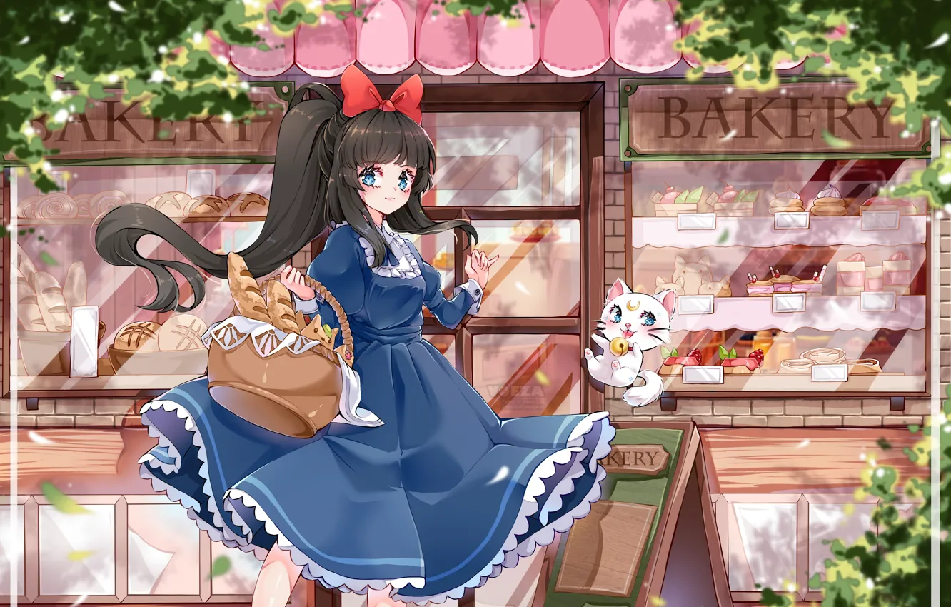 Photo wallpaper girl, kitty, basket, bakery