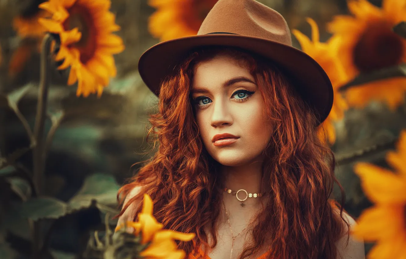 Photo wallpaper look, girl, sunflowers, hat, red
