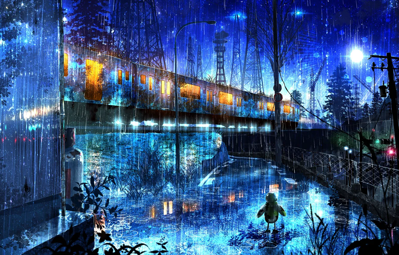 Photo wallpaper trees, the city, fiction, rain, train, robot