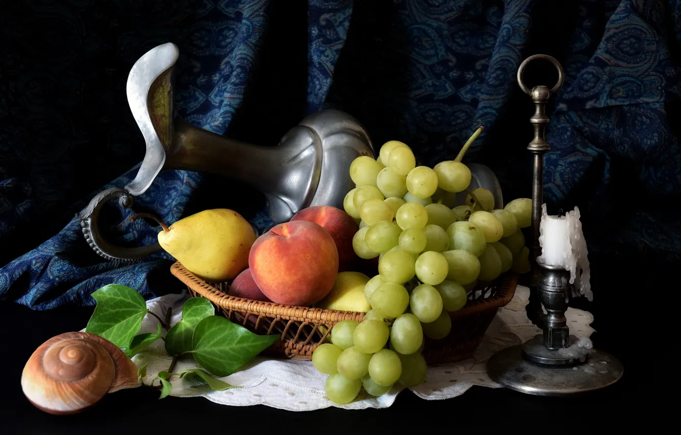 Photo wallpaper food, candle, shell, grapes, pear, pitcher, peach