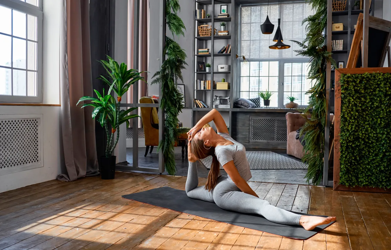 Photo wallpaper girl, pose, room, interior, Mike, hairstyle, braids, Mat