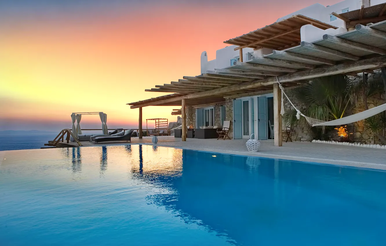 Photo wallpaper Villa, the evening, pool, Greece, architecture, resort, terrace