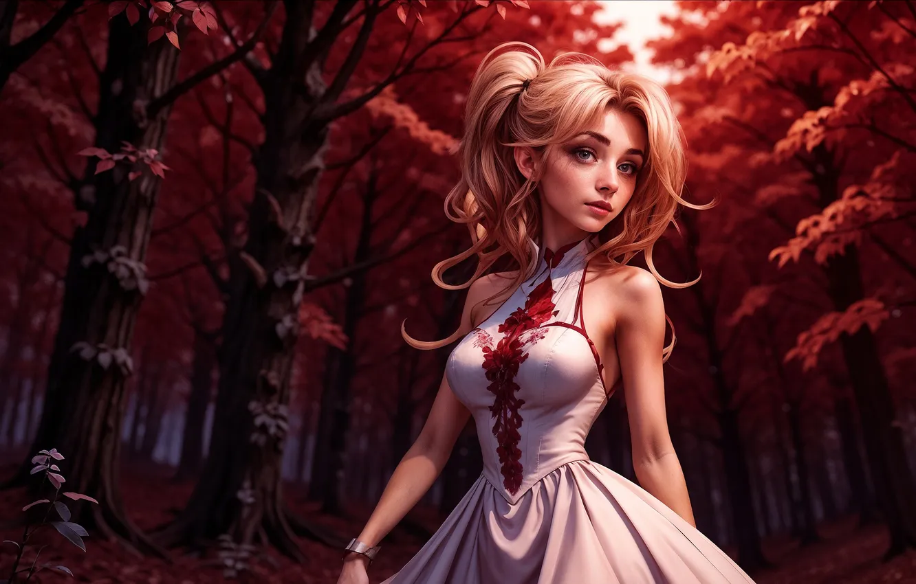 Photo wallpaper girl, art, beautiful, red forest