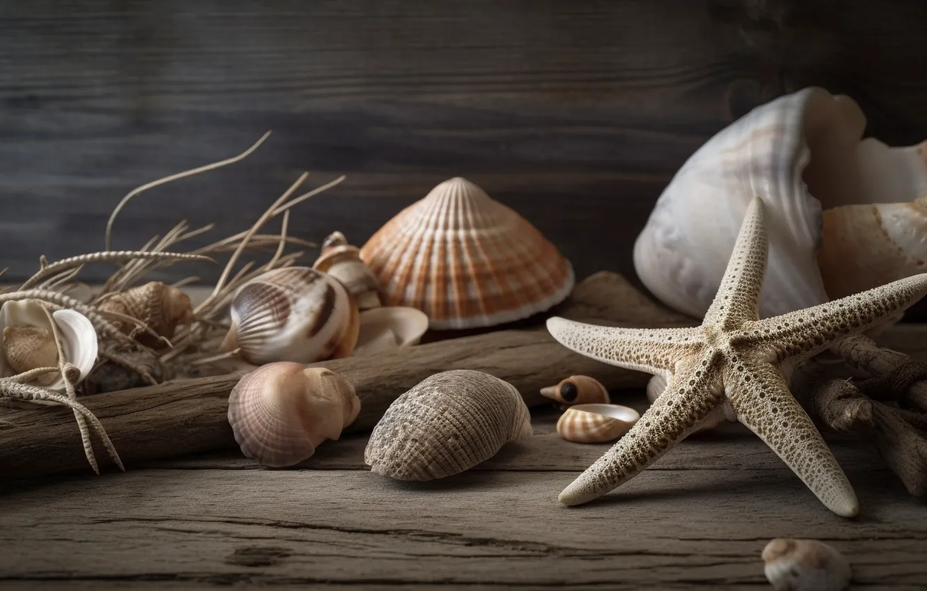 Photo wallpaper Board, sink, shell, starfish, still life, different, sea, shellfish