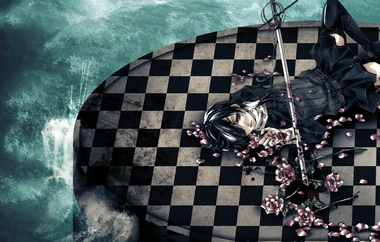 Photo wallpaper wave, blood, roses, stockings, petals, kuroshitsuji, eye patch, rapier