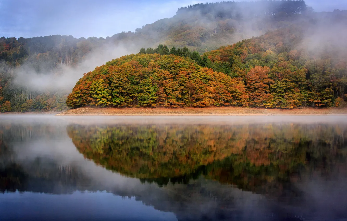 Photo wallpaper autumn, reflection, trees, lake, Luxembourg