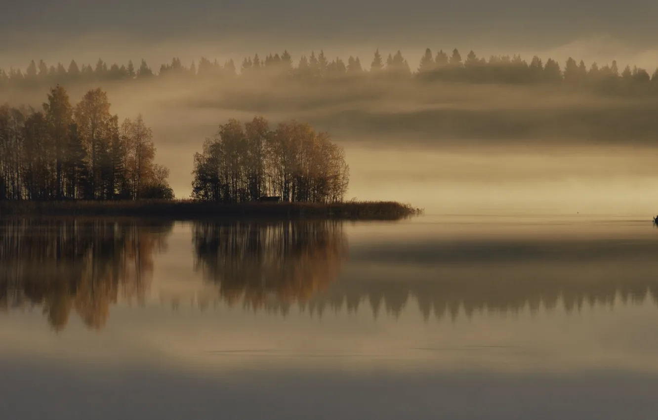 Photo wallpaper autumn, fog, lake, boat