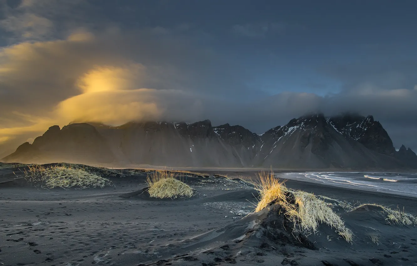 Photo wallpaper mountains, fog, shore, sand, sea, tops, overcast, haze