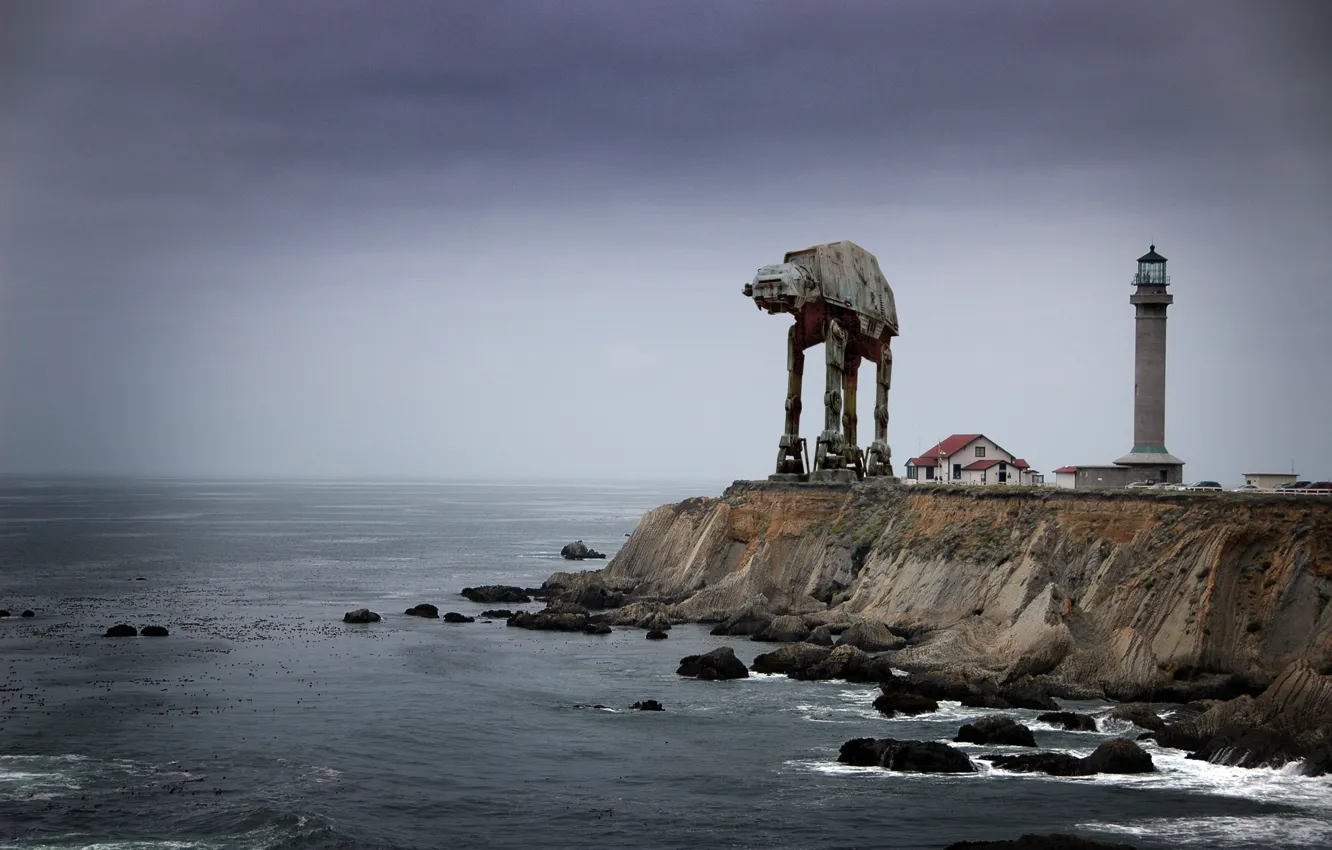 Photo wallpaper coast, lighthouse, robot