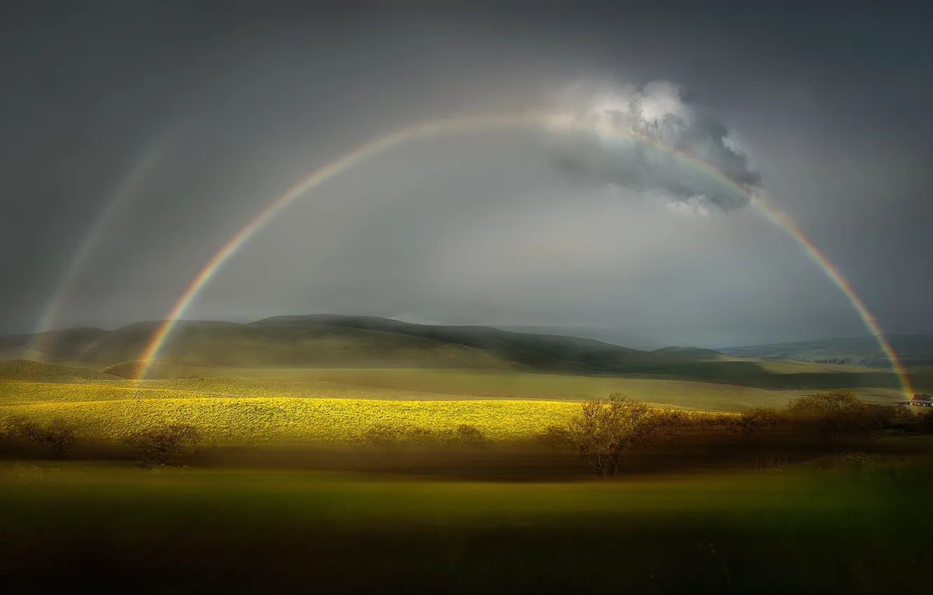 Photo wallpaper clouds, trees, hills, rainbow, vyderga