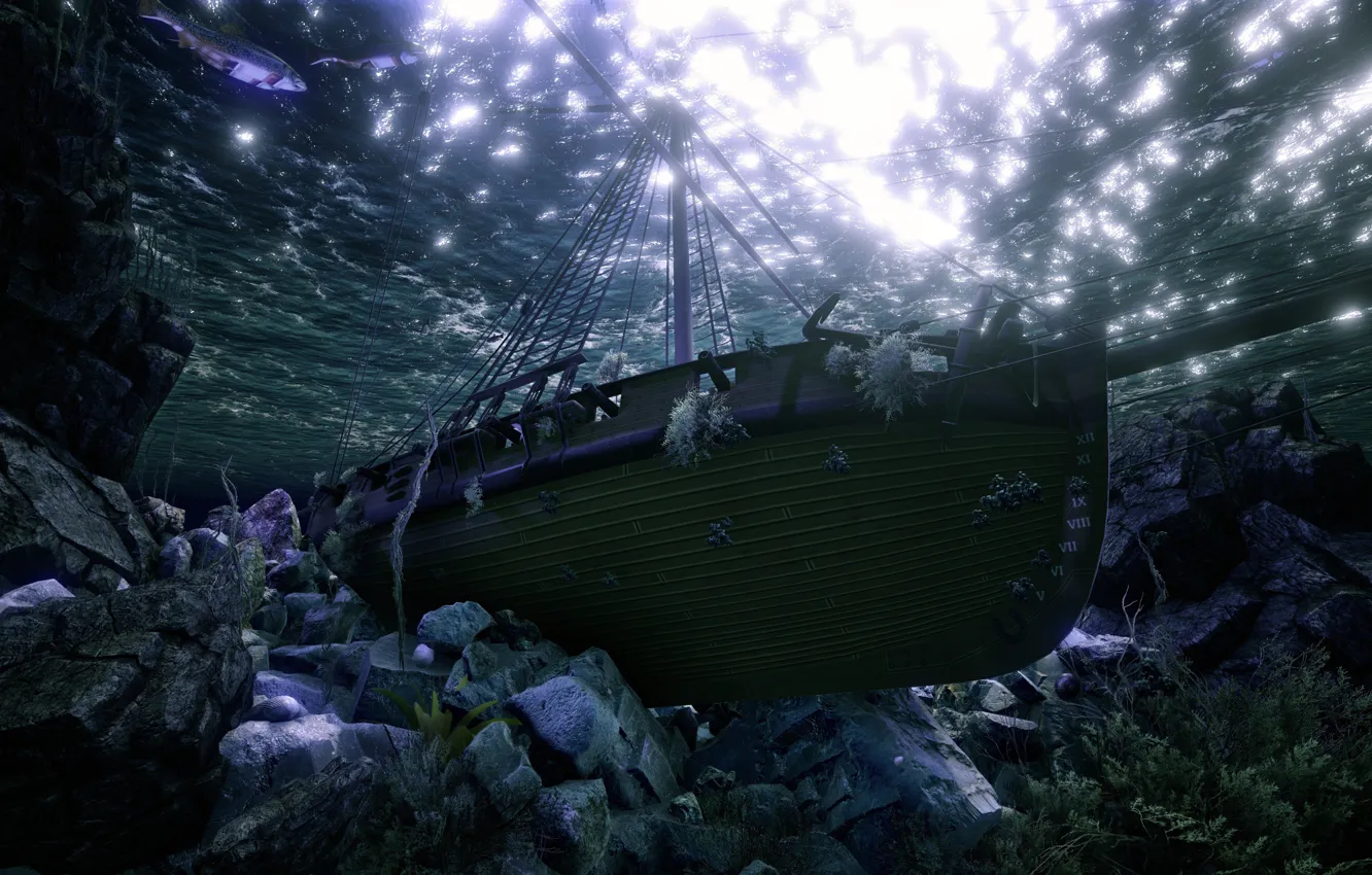 Photo wallpaper sea, water, light, fish, stones, rendering, ship, the bottom