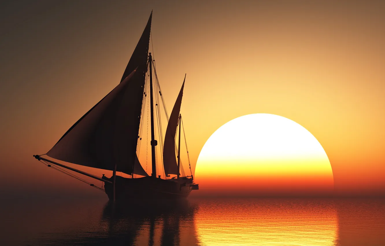 Photo wallpaper sky, sea, sunset, sun, romantic, beauty, orange, boat
