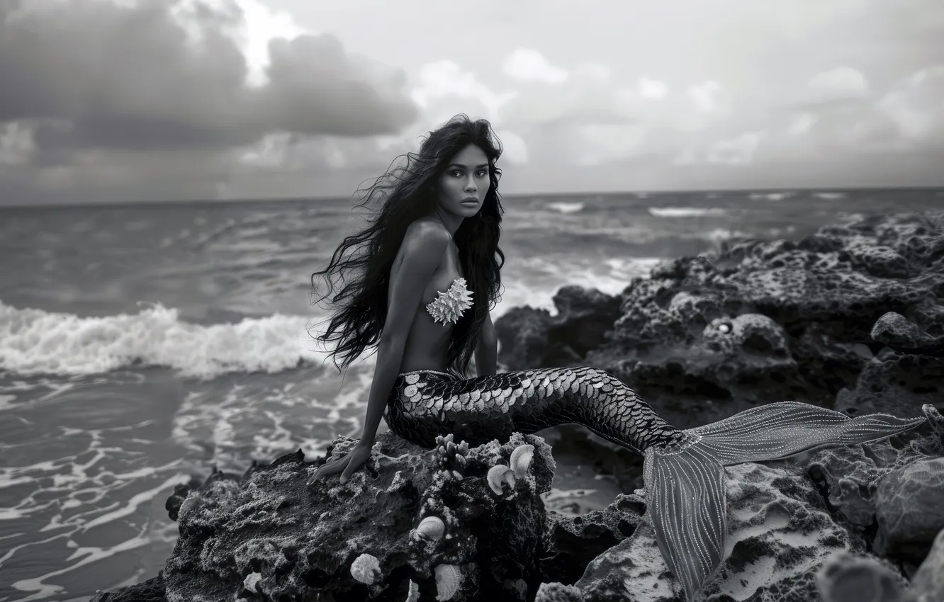 Photo wallpaper sea, wave, water, girl, stones, coast, hair, mermaid