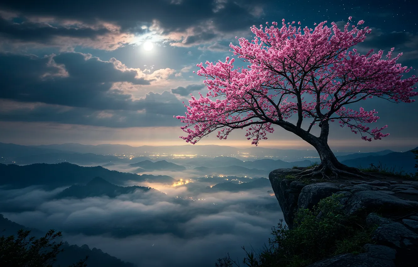 Photo wallpaper the sky, clouds, fog, the moon, valley, art, rock, moon