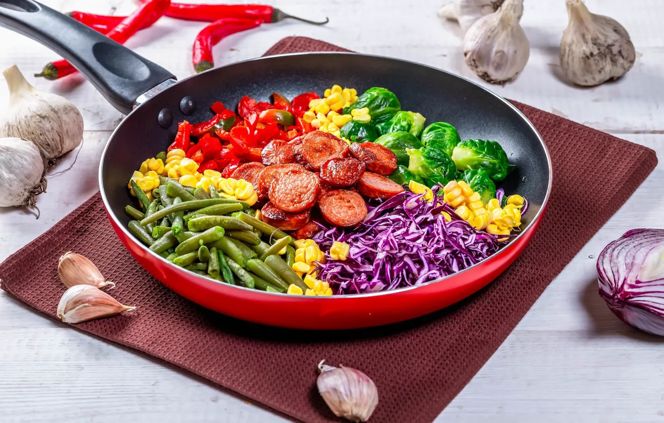 Photo wallpaper vegetables, sausage, pan