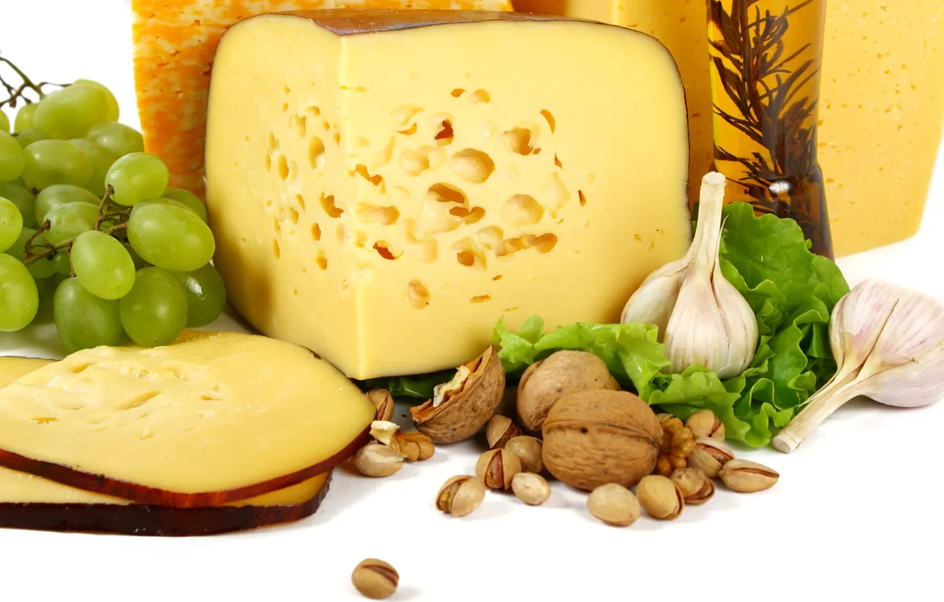 Photo wallpaper cheese, grapes, nuts, nuts, garlic, pistachios, cheese, walnut