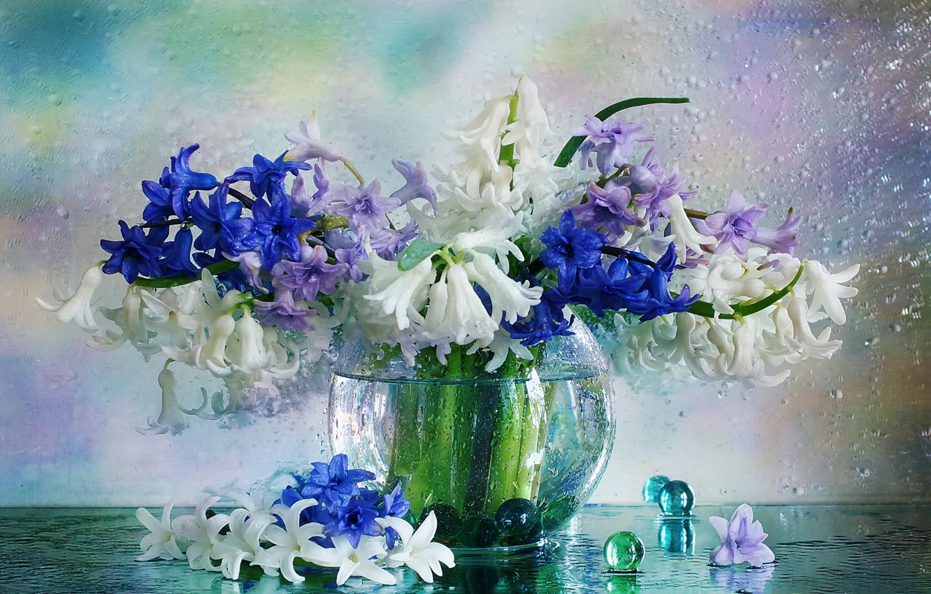 Photo wallpaper water, drops, balls, flowers, vase, hyacinths