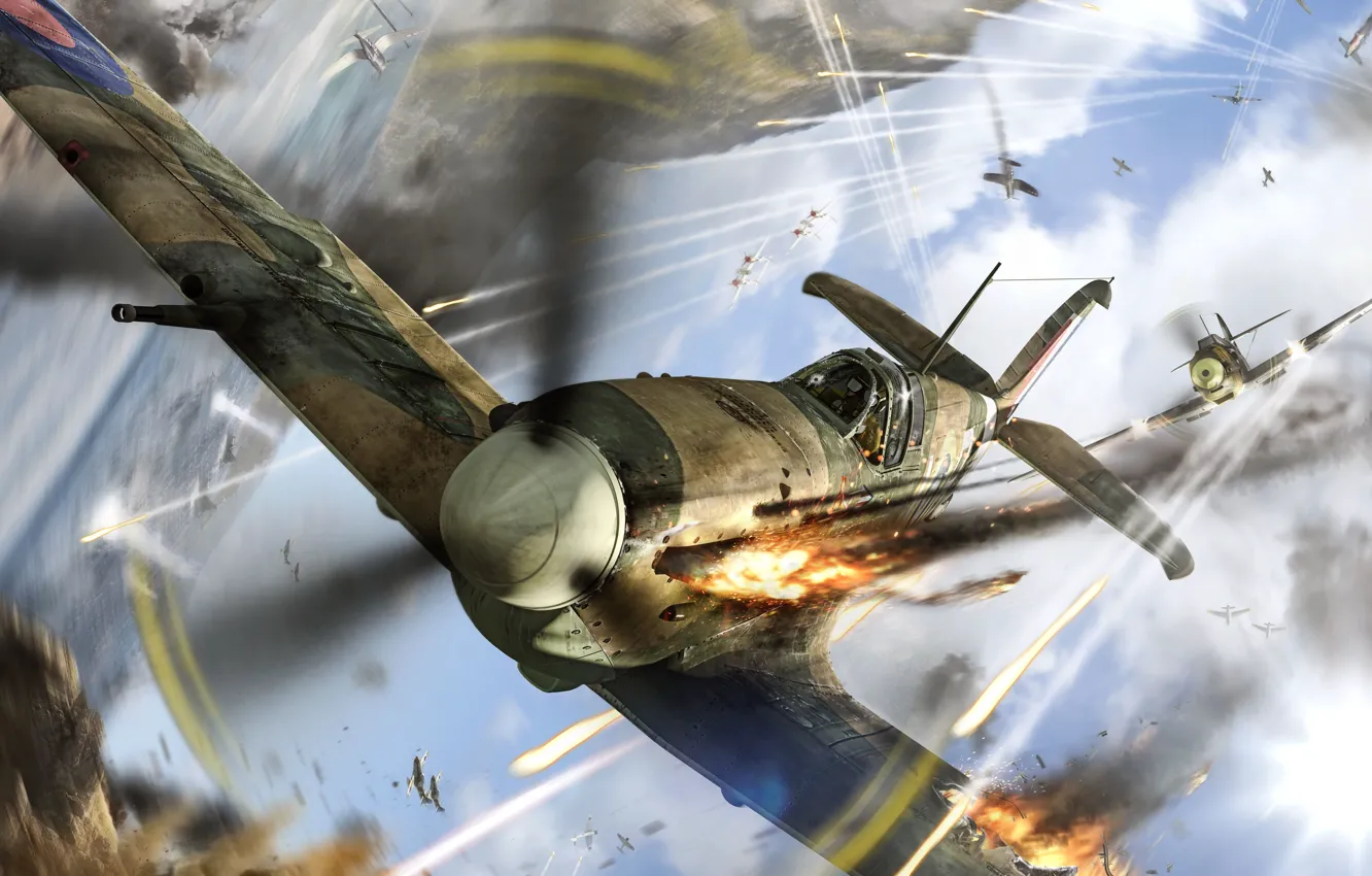 Photo wallpaper fire, aircraft, shooting, in the sky, Spitfire, prosecution, dogfight, World of Warplanes