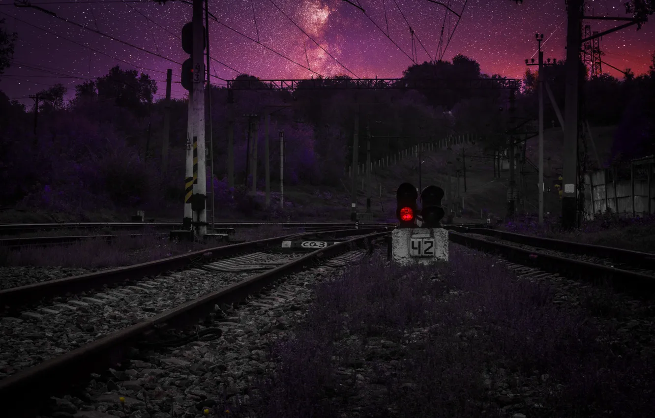 Photo wallpaper space, sunset, traffic light, Stalker, Dnepr, spacebit, Dnepropetrovsk, railway tracks