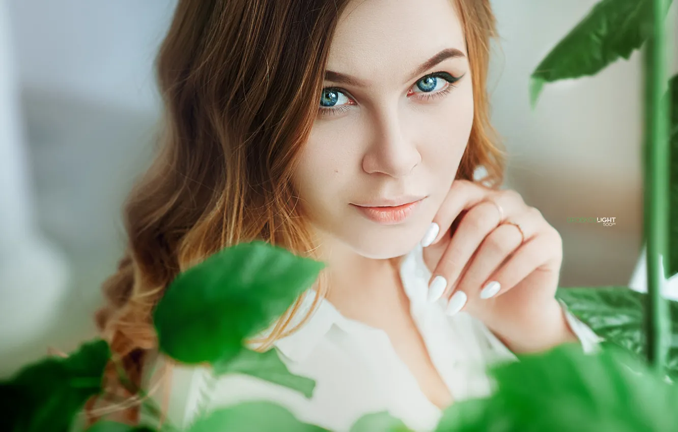 Photo wallpaper look, leaves, face, model, portrait, makeup, hairstyle, in white