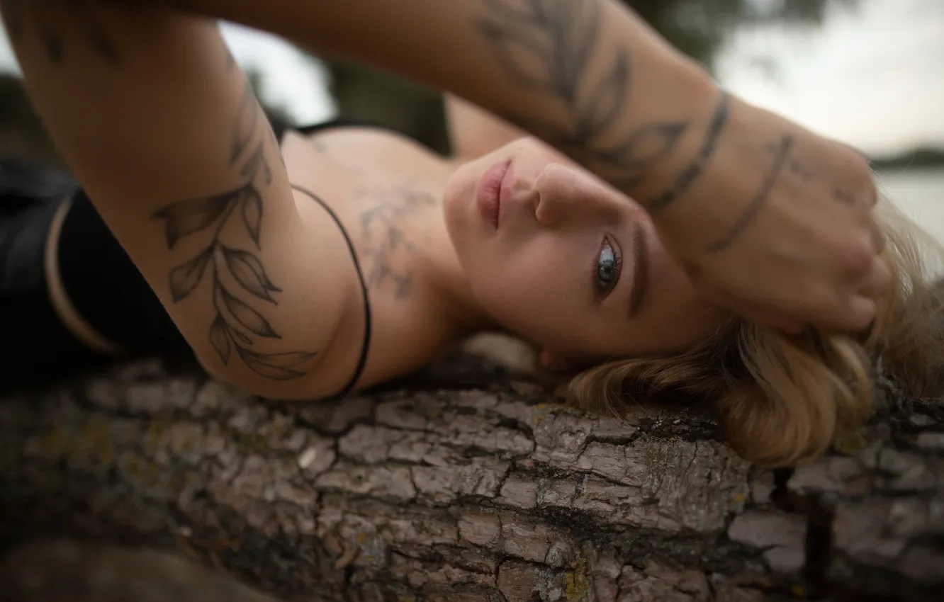 Photo wallpaper girl, sky, trees, nature, clouds, model, tattoo, blonde