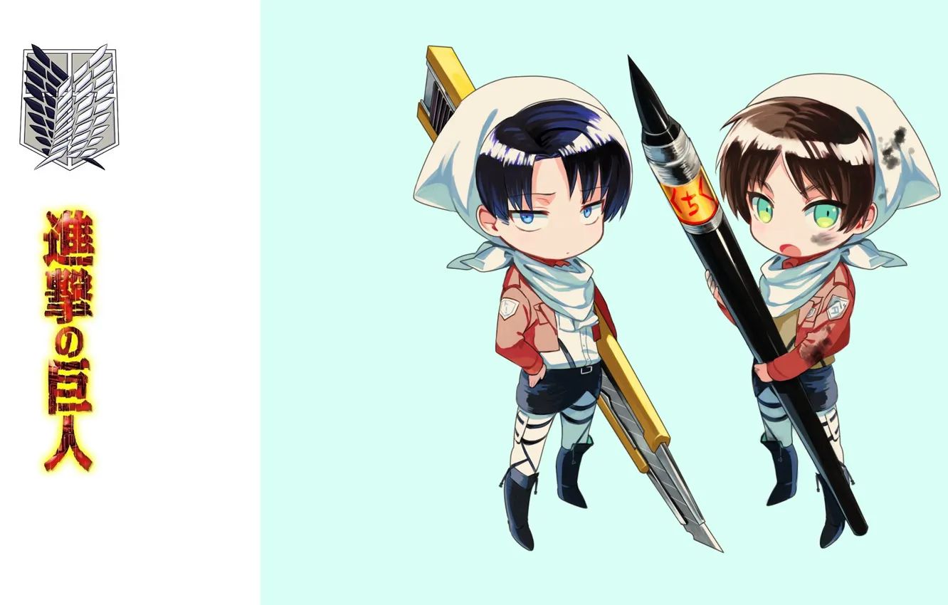 Photo wallpaper characters, emblem, knife, brush, art, blue background, military uniform, chibiki