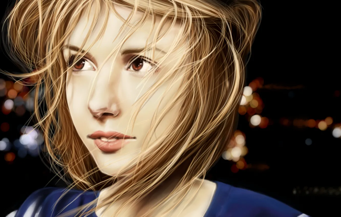 Photo wallpaper girl, face, background, hair, lights, art, lips, brown eyes