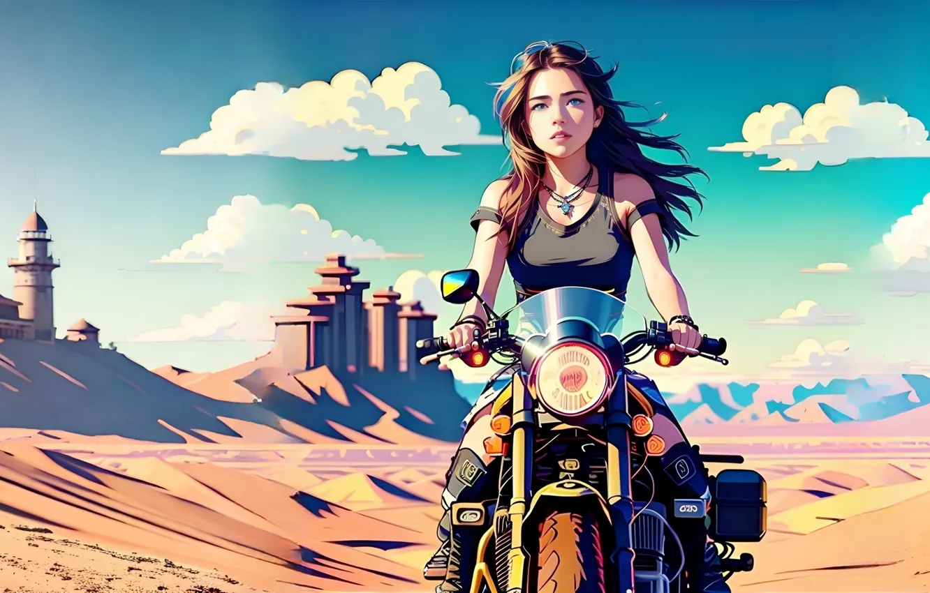 Photo wallpaper girl, art, motorcycle