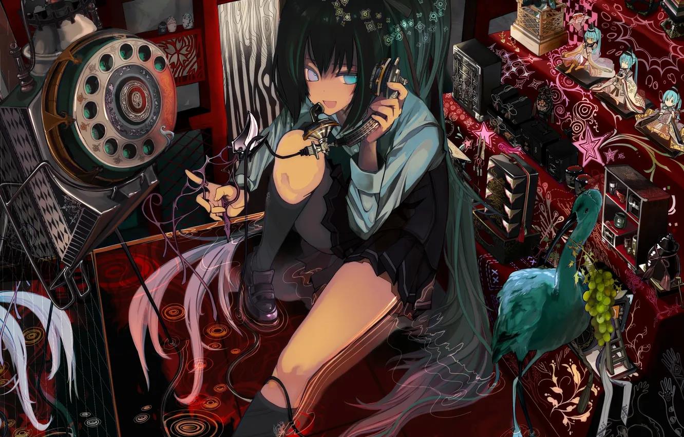 Photo wallpaper water, girl, flowers, bird, wire, art, grapes, phone