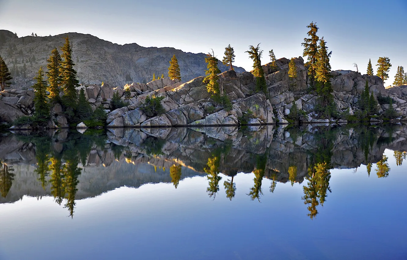 Photo wallpaper the sky, clouds, trees, mountains, lake, reflection, river, rocks