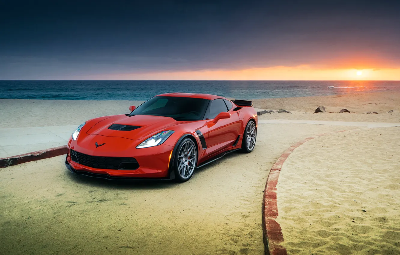 Photo wallpaper car, beach, Z06, Corvette, Chevrolet, red, promenade