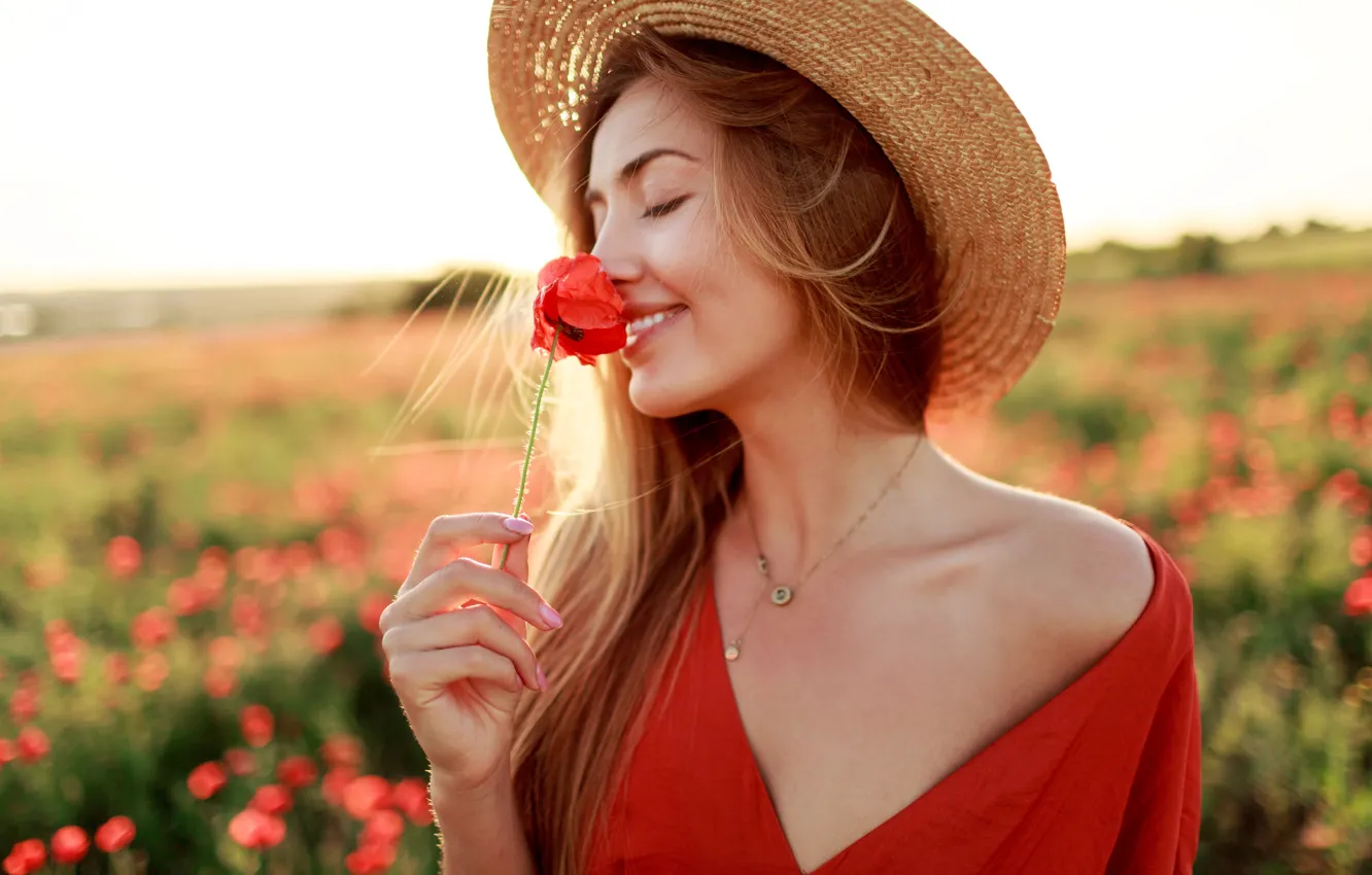 Photo wallpaper girl, light, flowers, Mac, Maki, hat