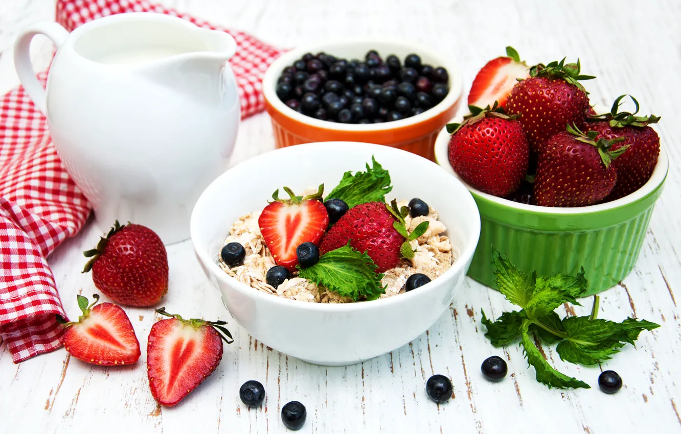 Photo wallpaper berries, food, Breakfast, milk, blueberries, strawberry, pitcher, mint