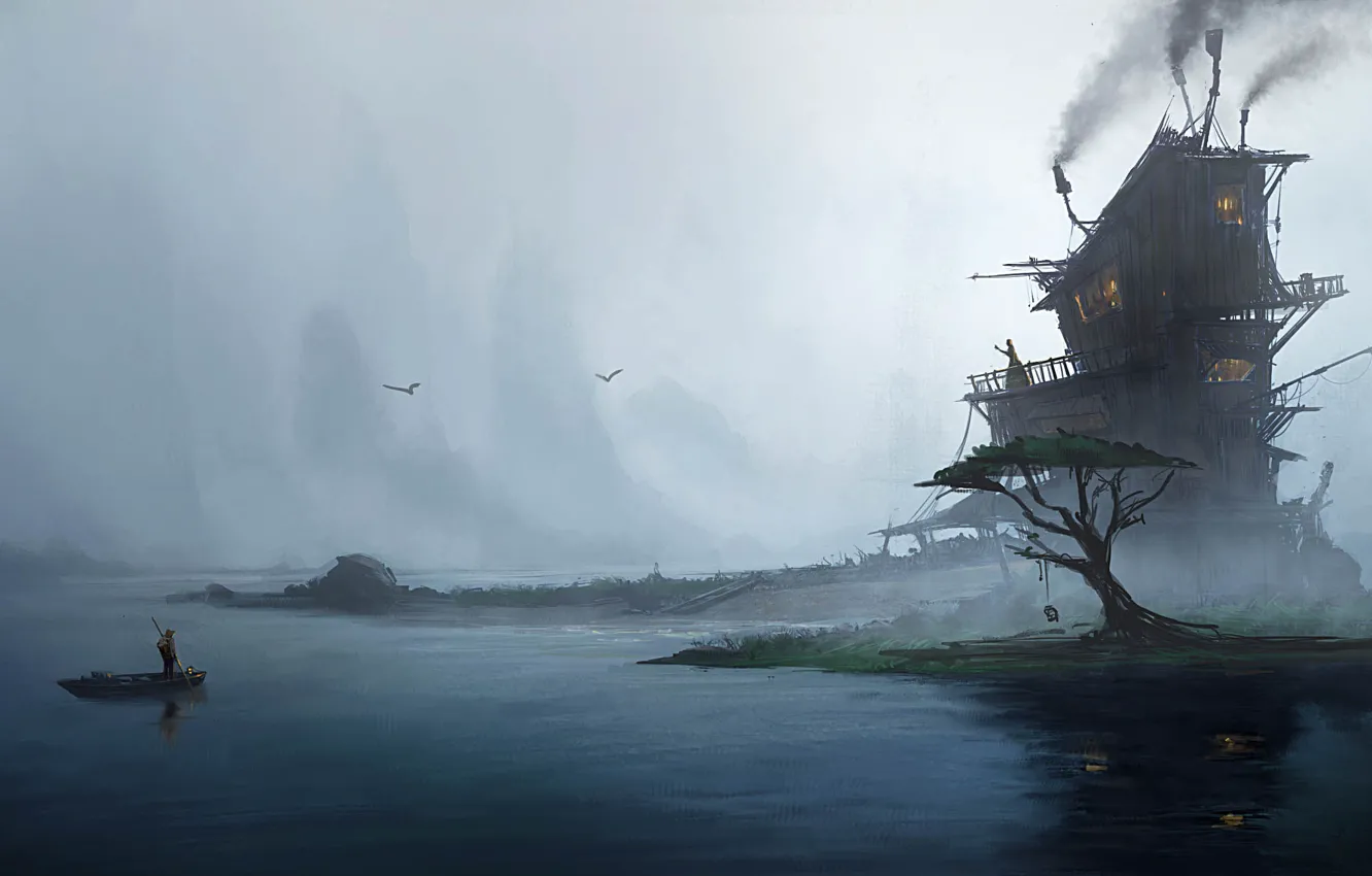 Photo wallpaper fog, house, people, tree, boat, art, Emmanuel Shiu