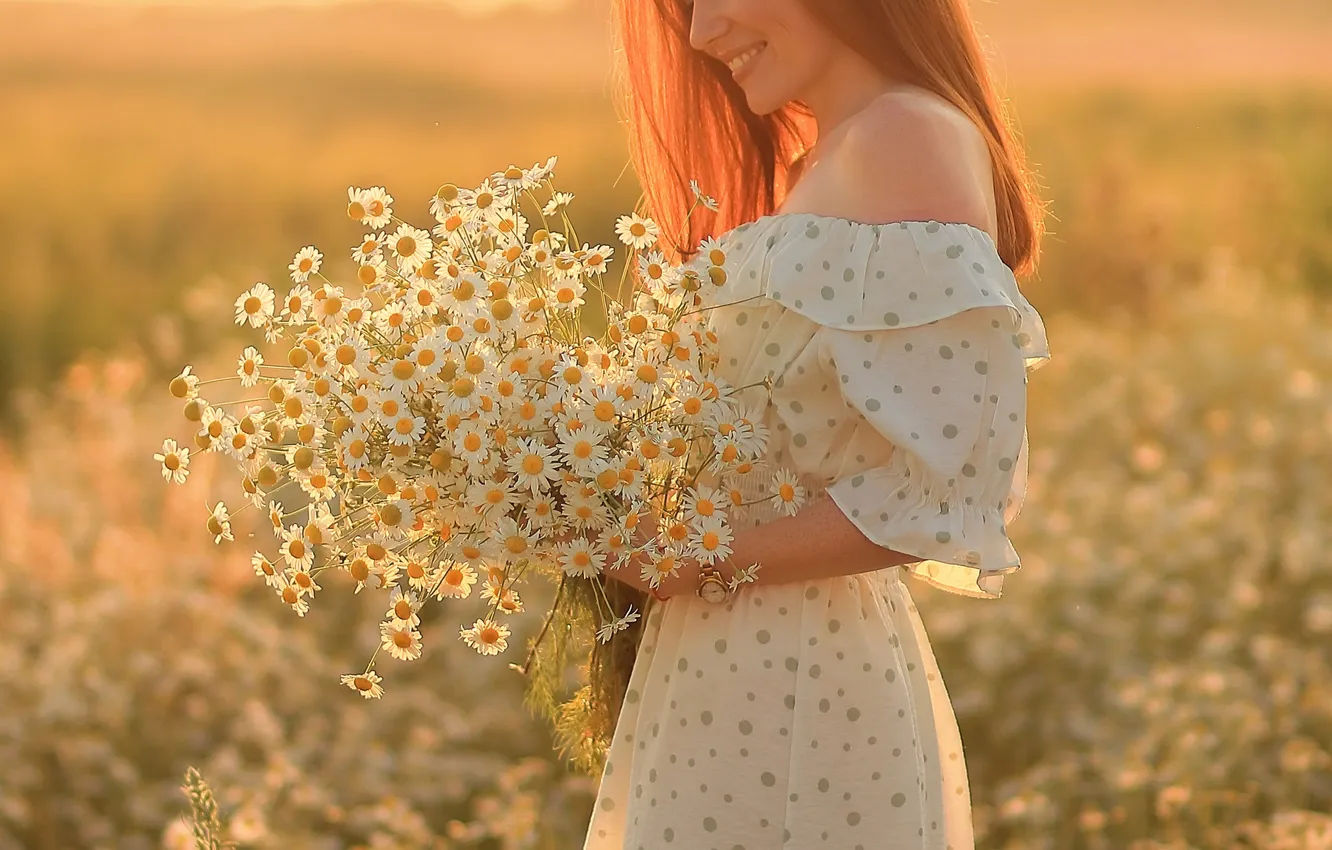 Photo wallpaper field, girl, sunset, flowers, Evgenia Sharipova