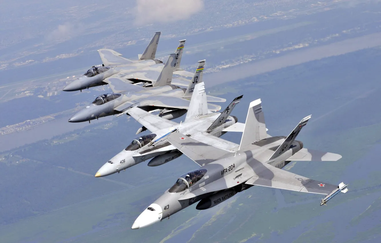 Photo wallpaper flight, fighters, Eagle, F-15, Hornet, F-18, pairs