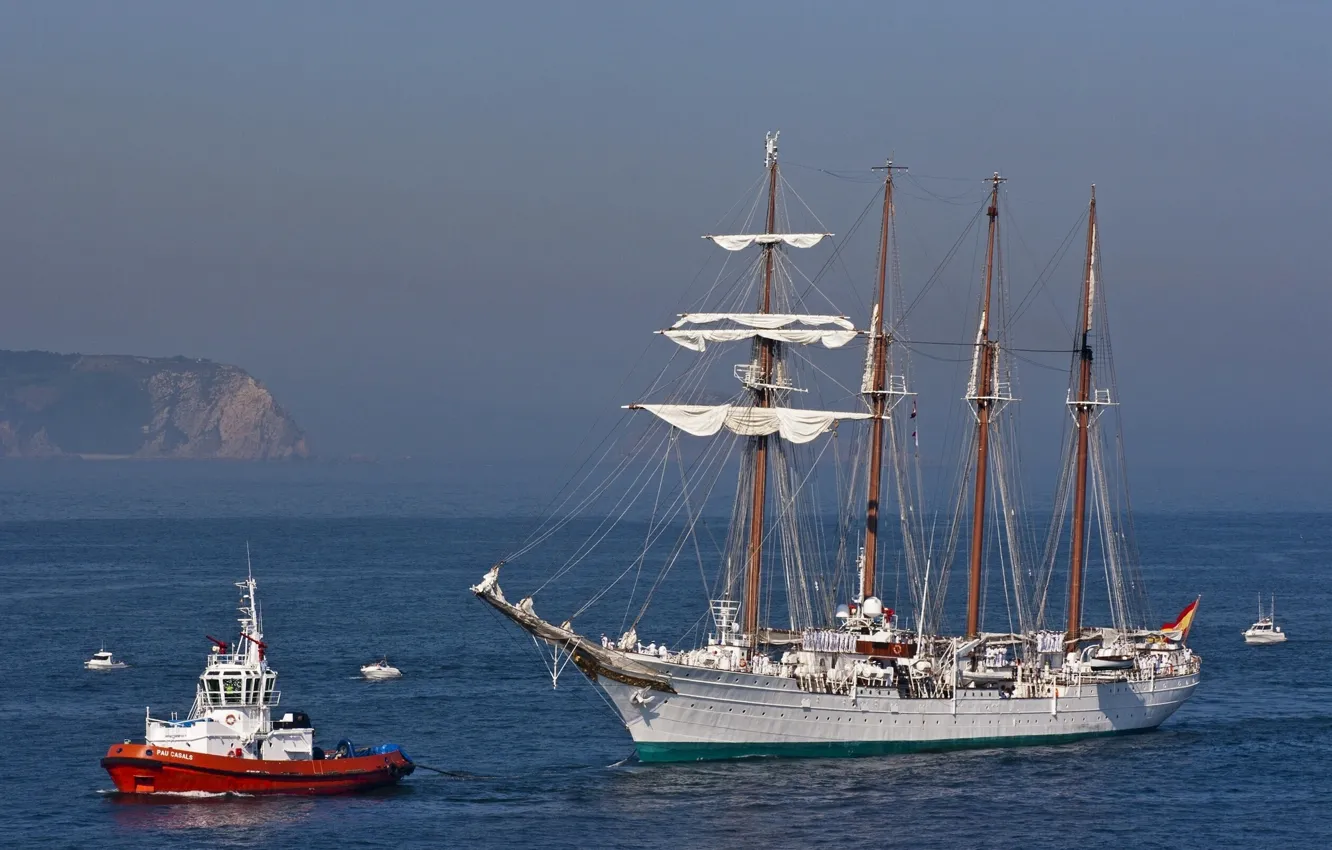 Photo wallpaper sea, sailboat, tug, boats, schooner, Juan Sebastian de Elcano