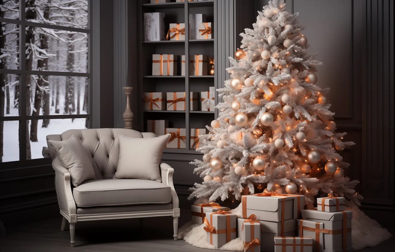 Photo wallpaper decoration, room, tree, new year, interior, Christmas, Christmas, tree