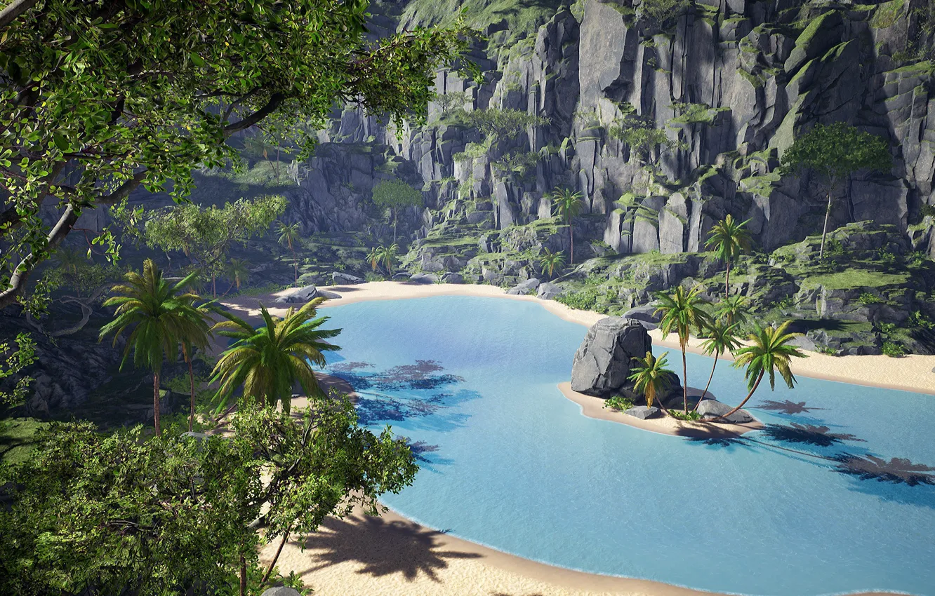 Photo wallpaper sand, palm trees, rocks, shadow, Laguna
