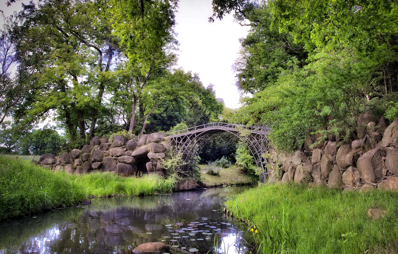 Photo wallpaper trees, bridge, pond, Park, stream, stones
