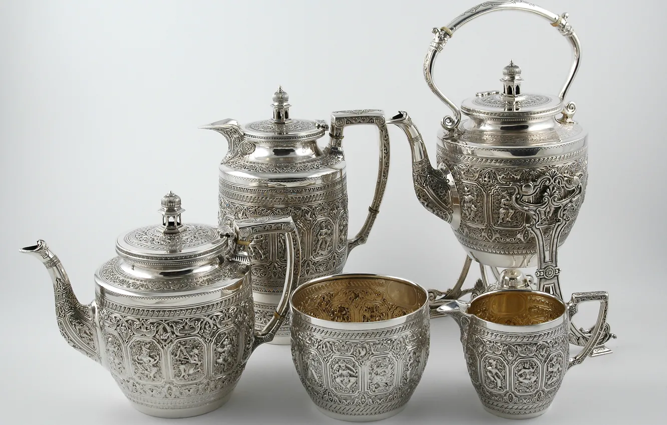 Photo wallpaper silver, tea service, Scottish tea set