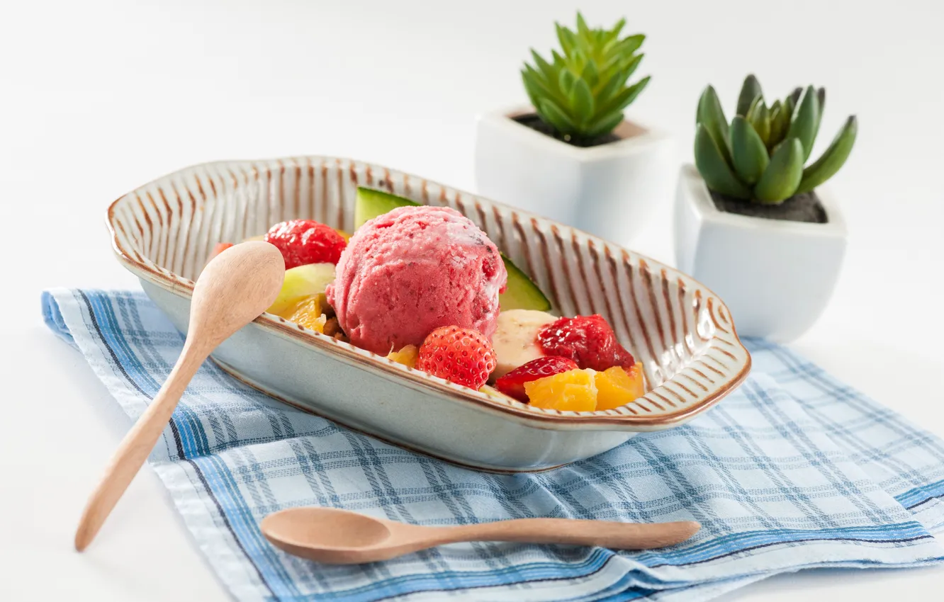 Photo wallpaper balls, food, spoon, ice cream, sweets, fruit