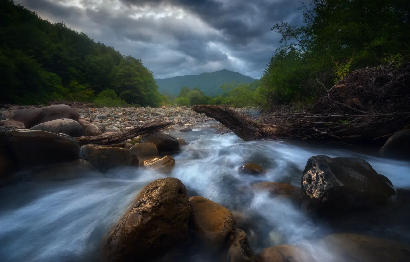 Photo wallpaper the sky, landscape, mountains, clouds, nature, river, stones, hills