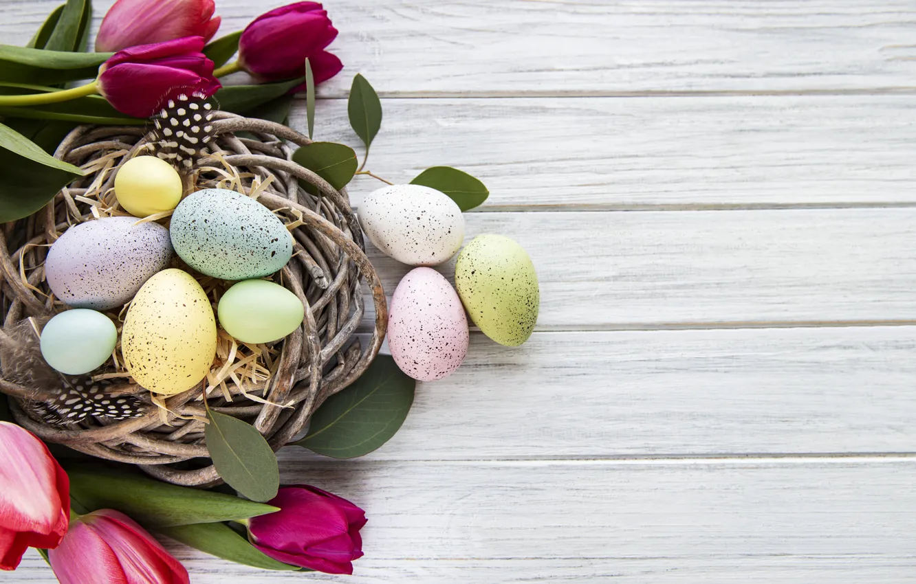 Photo wallpaper flowers, eggs, spring, colorful, Easter, tulips, wood, flowers