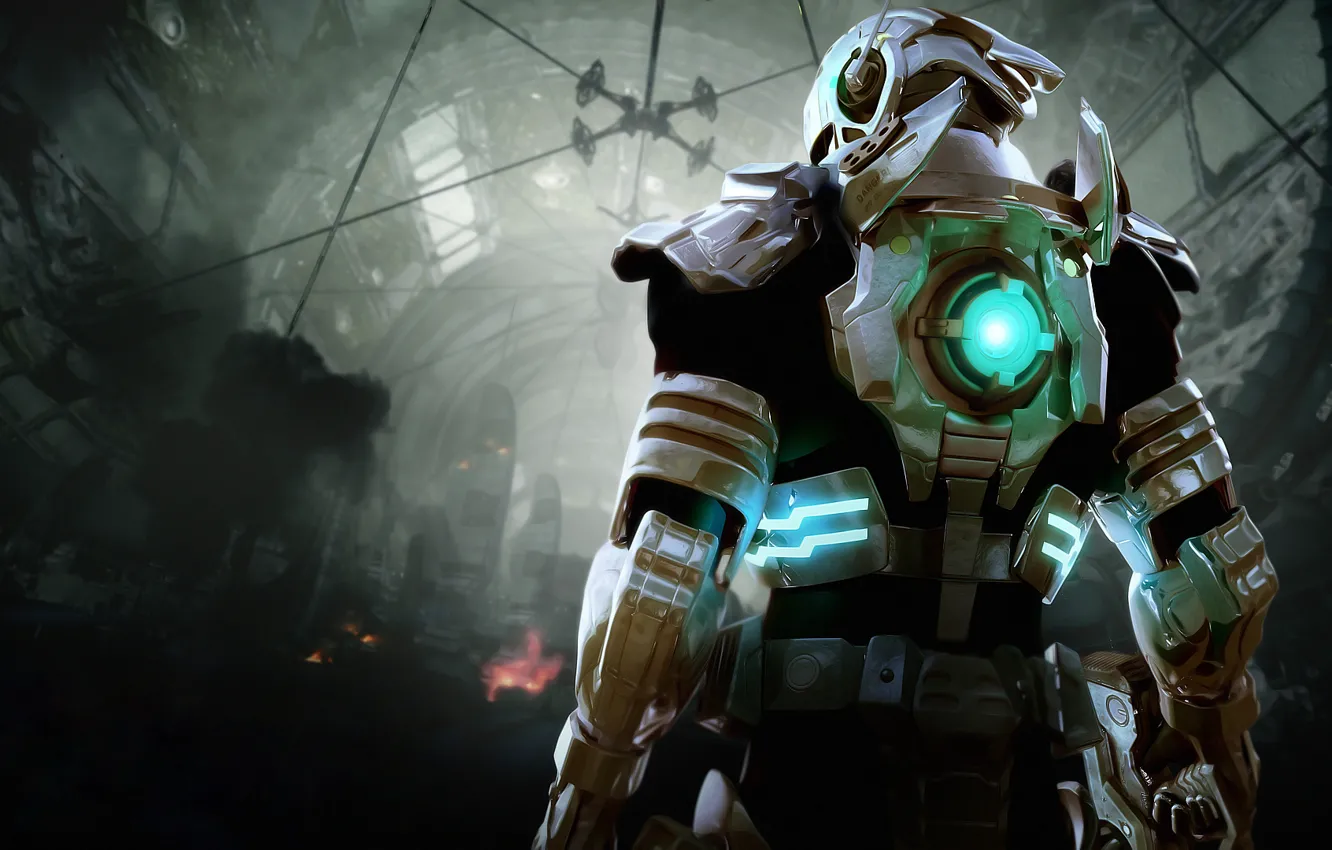 Photo wallpaper lights, smoke, back, armor, warrior, hangar, destruction, cyborg