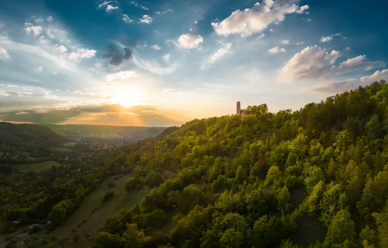 Photo wallpaper greens, forest, castle, hills, tower