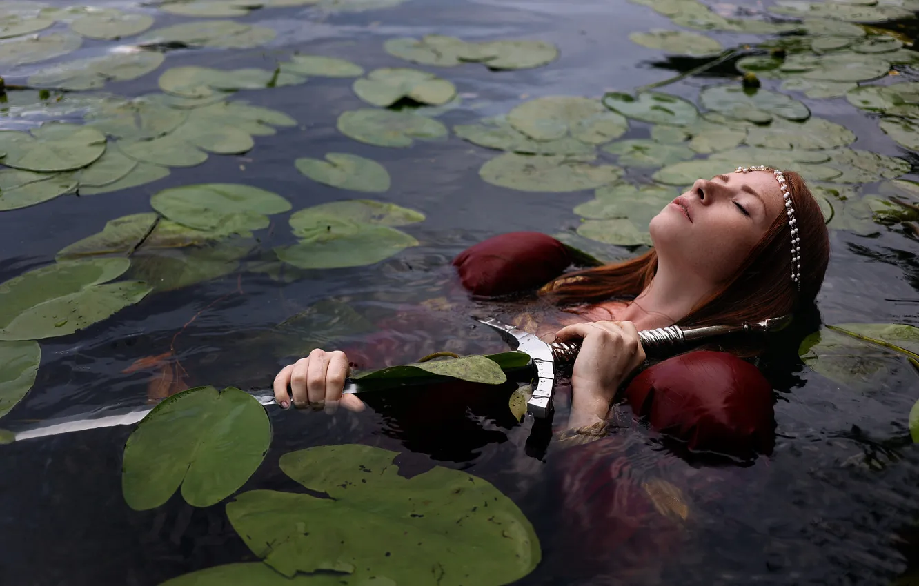 Photo wallpaper water, girl, nature, style, sword, warrior, pond, in the water