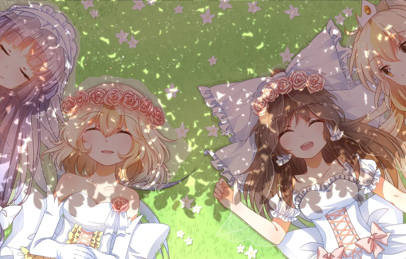 Photo wallpaper grass, joy, shadow, bow, the bride, veil, touhou, art